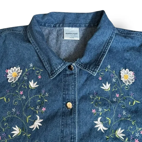 Vintage 90s Embroidered Daisy Floral‎ Sleeveless Medium Wash Chambray Denim XL - Image 5