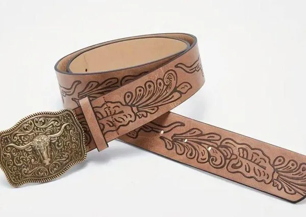 Western Style Bull Head Buckle Unisex Belt Vintage Embossed - Image 9