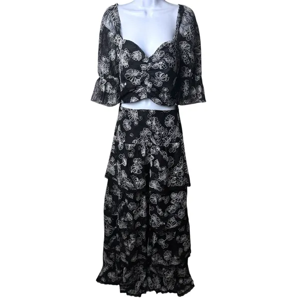 Bossa Concept Black and White Floral Lace Crop Top Maxi Skirt Set Feminine‎ L - Image 2