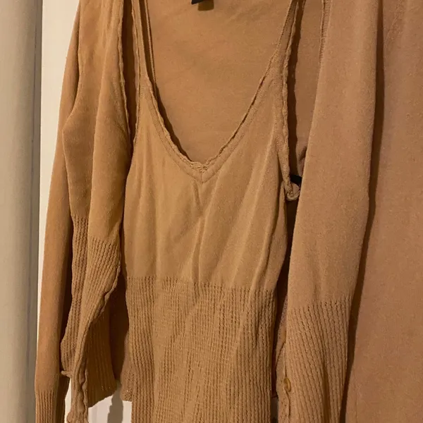 Guess Camel V-Neck Long Sleeve Knit Cardigan and Tank - Image 5