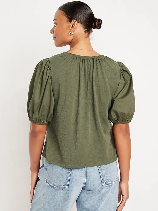 NEW Old Navy Boho Cottagecore Cotton Puff Sleeve Peasant‎ Blouse Olive Green XL - Image 2