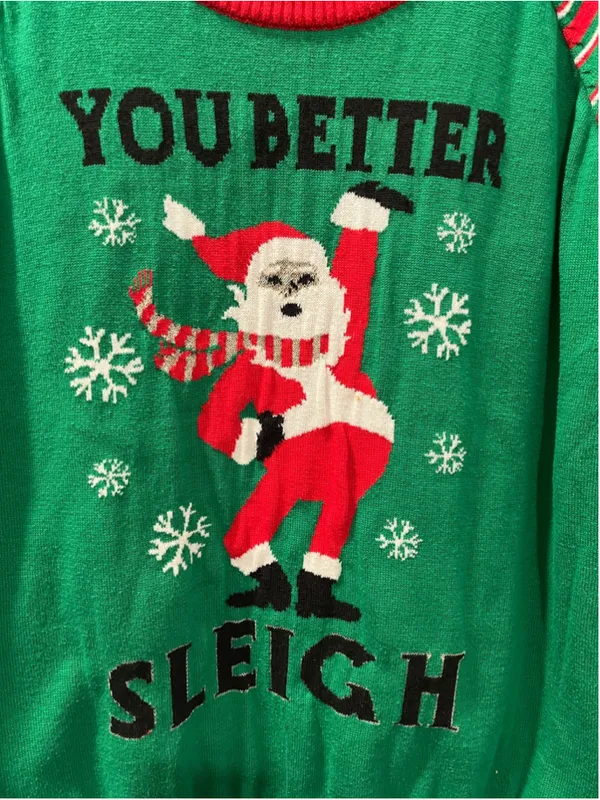 Mighty Fine You Better Sleigh Ugly Christmas Sweater Sassy Santa Green Stripe M - Image 7