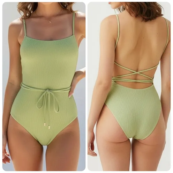 MONDAY SWIMWEAR Whitehaven Crinkle One Piece Swim, Olive Green, V (US12/14) - Image 3