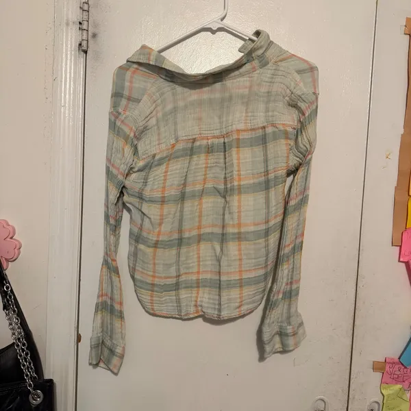 Free People Plaid‎ Button Down Shirt Multicolor Medium Boho Crop Casual Top - Image 4