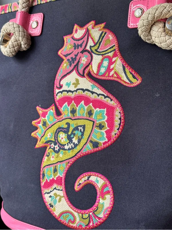 Spartina 449 Navy Tote with Pink Trim and Multicolor Seahorse - Image 3