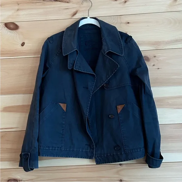 LACOSTE Navy Blue Cropped Waxed Canvas Trench Coat Utility Jacket Sz 40 - Image 16