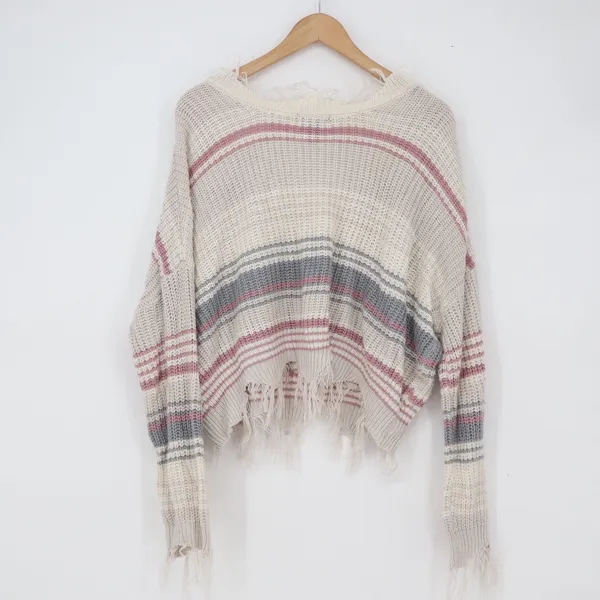 Just Polly Sweater Womens L Distressed V-Neck Cream Pink Striped Grunge Exc - Image 3