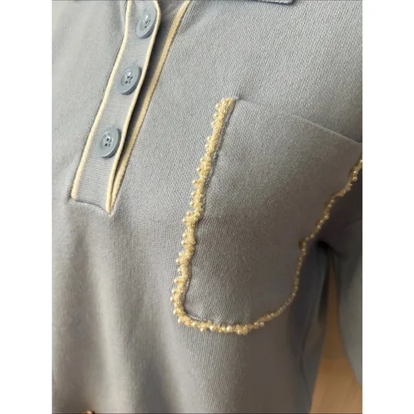 Maeve Anthropologie The Elliot Light Blue Pearl Embellished Knit Polo Top Sz SM - Image 6