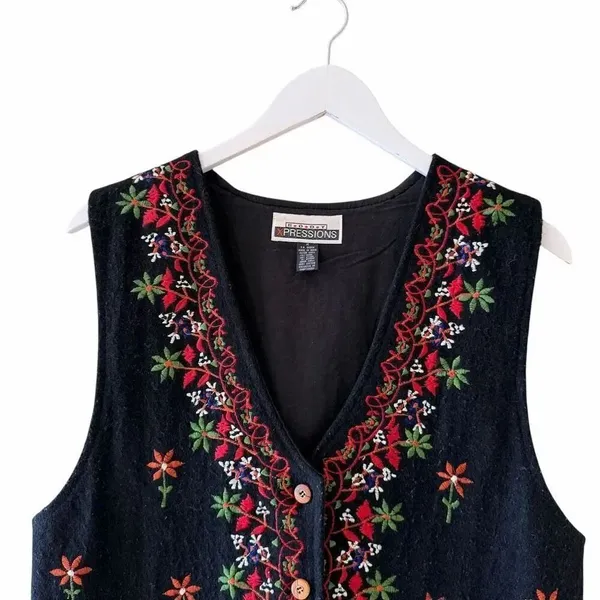Body Xpressions Vintage Button Front Lined Vest Wool Blend Floral SZ M #2588 - Image 3