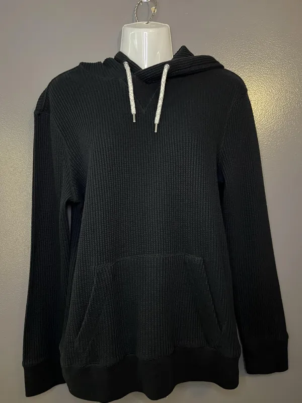 American Eagle Outfitters Hoodie Womens Small Black Waffle Knit Thermal Pullover - Image 2