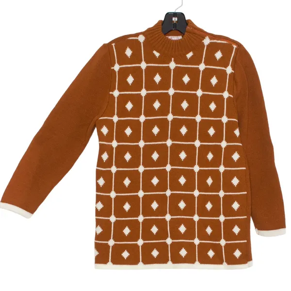Vintage Sweater Geometric Intarsia Mod Retro 60s Mock Neck Minimalist Preppy M - Image 5