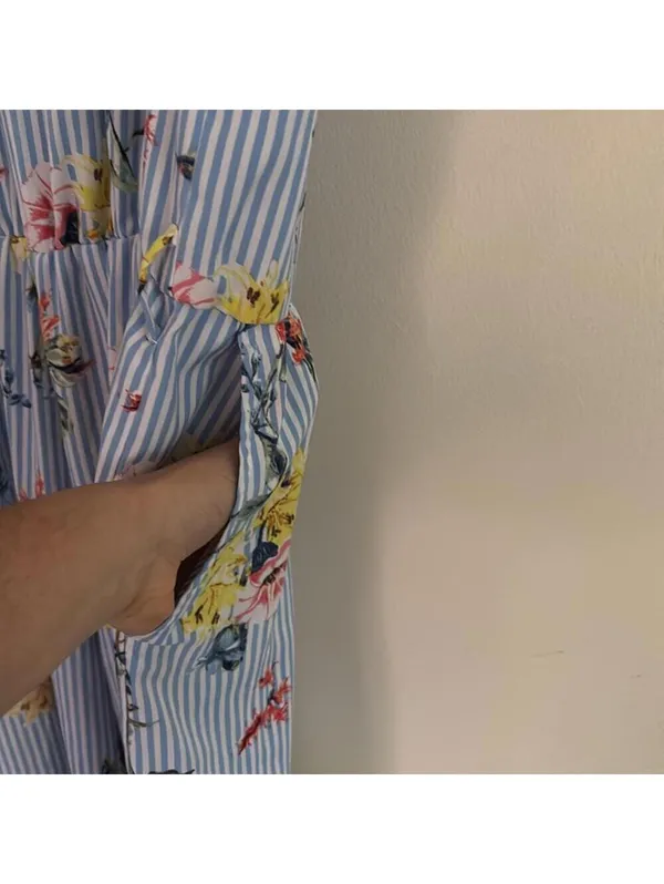 Spense Floral Blue and White Striped Jumpsuit Belt Loops and Pockets Vacation - Image 6