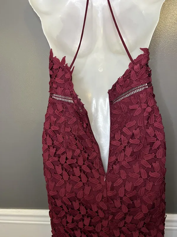 Bardot Dress Womens 6 Red Lace Halter Backless Sheath Midi Floral Party - Image 8