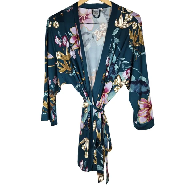 Linea Donatella Teal Floral Robe & Pants MHK197 Large NWT Pajama Set - Image 2