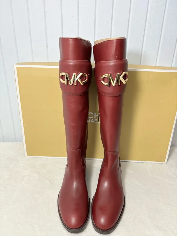 Michael Kors Izzy Tall Leather Riding Boots Dark Berry Color with Gold MK Accent - Image 3