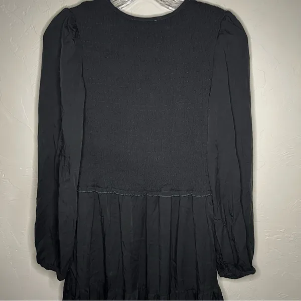 Bohme Black Tencel Smocked Tiered V-Neck‎ Long Sleeve Boho Midi Dress - Image 11
