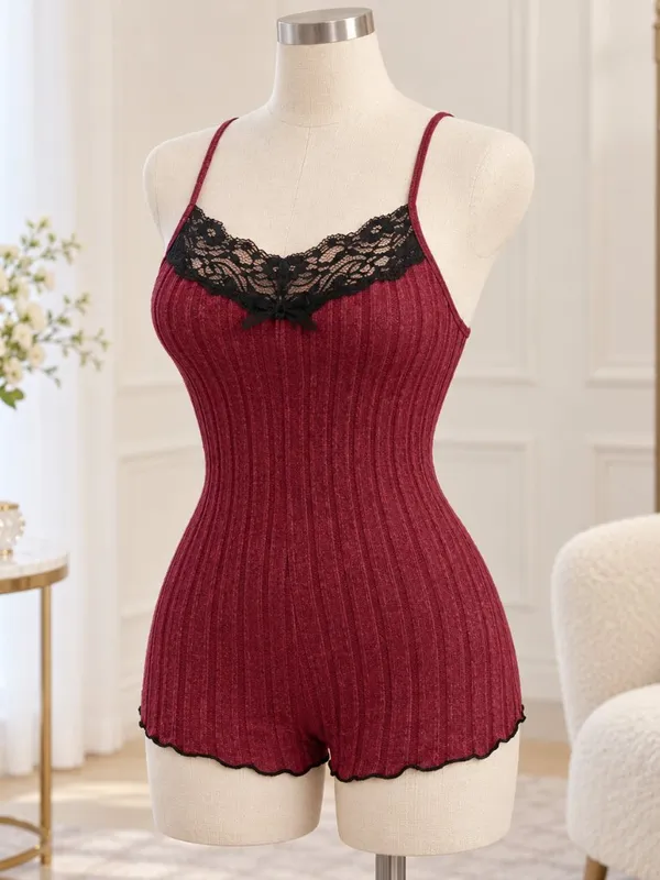 Crimson Ribbed Lace Butterfly Back Lounge Romper Sleepwear NWT Size Small - Image 3
