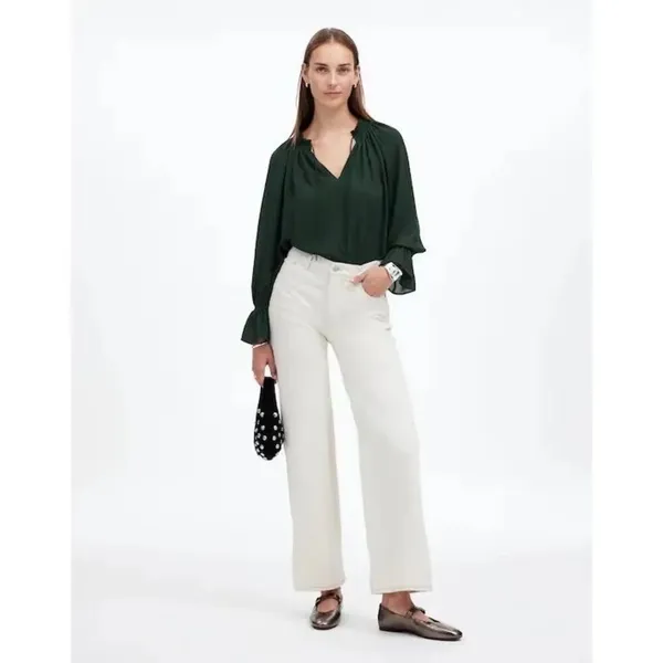 Madewell Long-Sleeve Tie-Neck Top Luxury Forest Sheer Blouse Size XS #1100 - Image 9