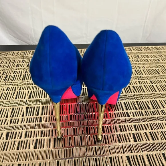 Betsey Johnson Giselle Blue Suede Heels with Hot Pink Sole‎ - Image 3
