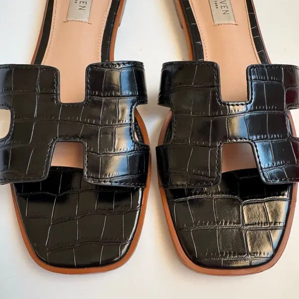 Steve Madden Haydn Hanna Leather Flat Slide Sandals Black Croc Slip On Size 7.5 - Image 2