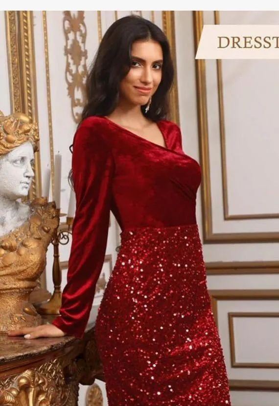 NEW Velvet Sequin V Neck Long Sleeve Winter Dress Holiday Christmas Dress S - Image 5