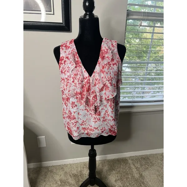 Intermix Red White Floral Silk‎ Ruffle Sleeveless Blouse Top Size Small - Image 4