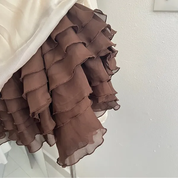 NEW Anthropologie Ryu Pleated Ruffle Babydoll Dress SMALL Sleeveless Beige/Brown - Image 7