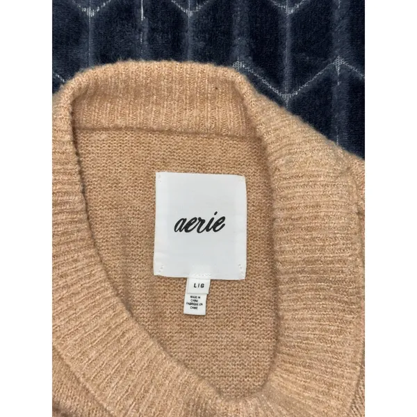 Aerie Women's CozyUp Beige Sweater Oversized Crew Neck Soft Size Large - Image 3