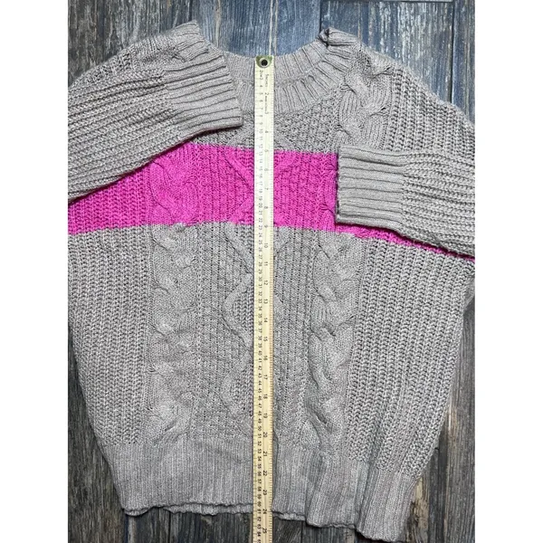 American Eagle Cable Knit Sweater‎ Tan Pink Stripe Medium Cozy Fisherman Baggy - Image 8