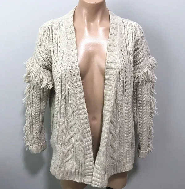 Madewell Cableknit Fringe Cardigan Sweater Tassel Merino Wool Chunky XS - Image 2