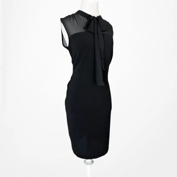 Vintage Y2K Black Sleeveless Bow Tie Knee Length Mesh Bodycon Cocktail Dress M - Image 5