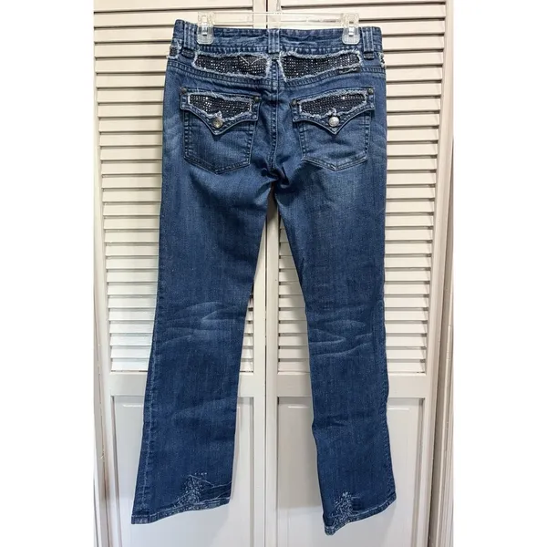 Rock & Roll Cowgirl Med Wash Bootcut Denim Jeans Low Rise Size 30x32 Rhinestones - Image 4