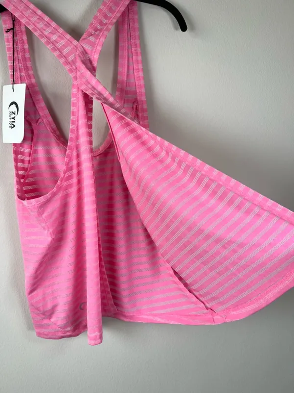ZYIA Active Pink Nimbus Split Back Tank Top Striped Racerback Gym Workout NEW Lg - Image 11