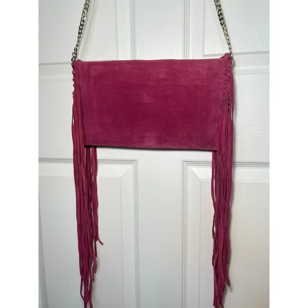 Nuciano Suede Fringe Crossbody‎ Pink Boho Western Festival Chain Strap Clutch - Image 8