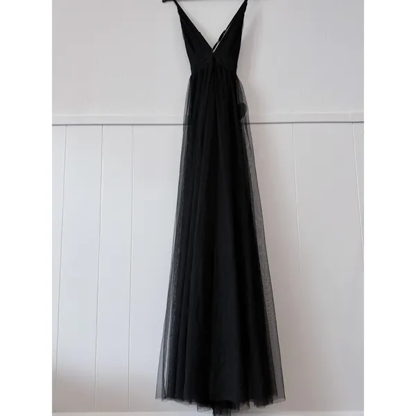 Black Tulle Maxi Dress Plunge Halter Open Back Slit Prom Evening Luxxel S NWT - Image 4