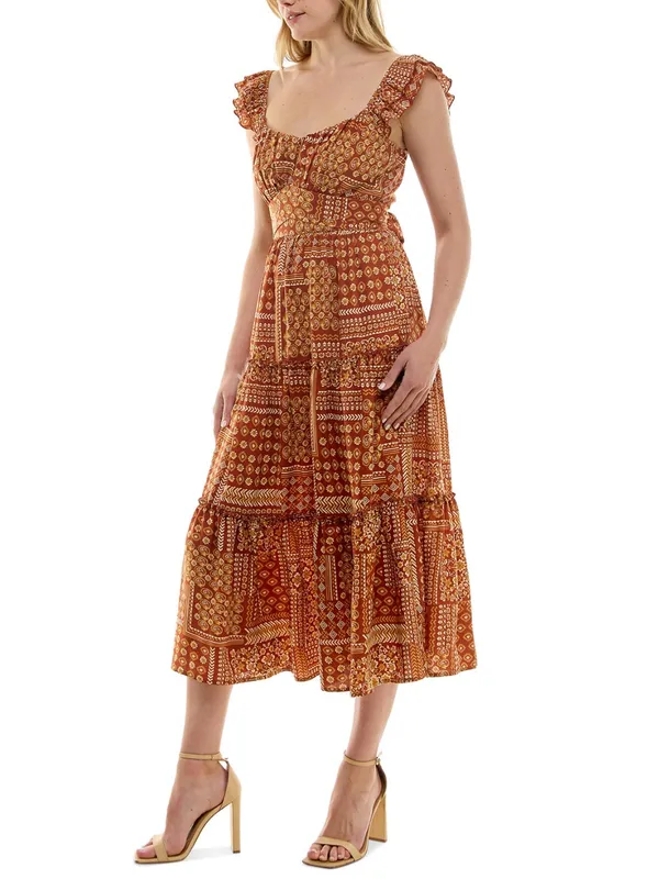 NWT Trixxi Rust Orange Tiered Patchwork-Print Ruffled-Strap Midi Dress Sz Large - Image 4