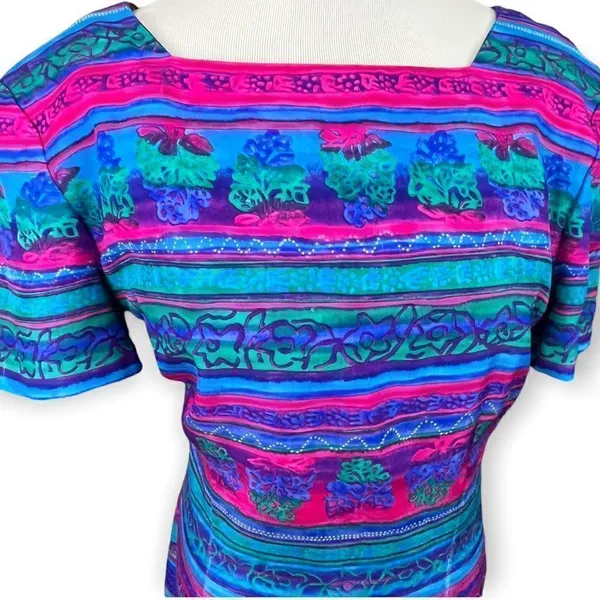 Vintage Liz Claiborne Abstract Floral/ Stripe Pattern Silk Sheath Dress 10 - Image 3