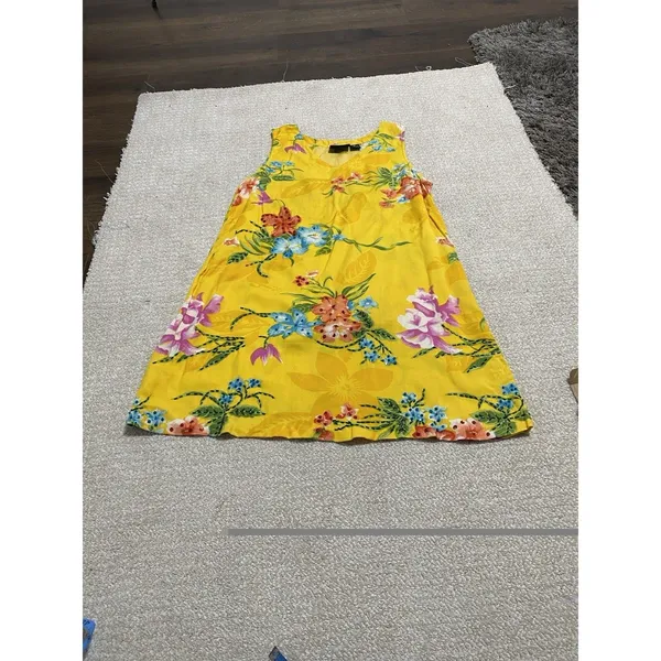 Indian Tropical Fashion Yellow Floral Beaded Sequin Rayon Sundress V-Neck M - Image 14