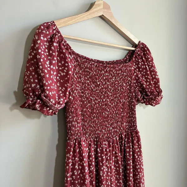 Shein cottagecore red polka dot shirred smocked maxi dress women's L side slit - Image 2