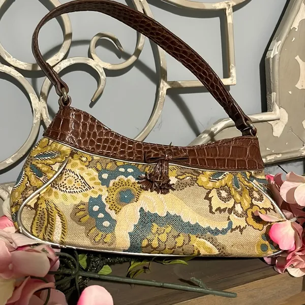 Liz Claiborne Purse Small Alligator Look Strap Floral Brown Gold Shoulder Bag - Image 5