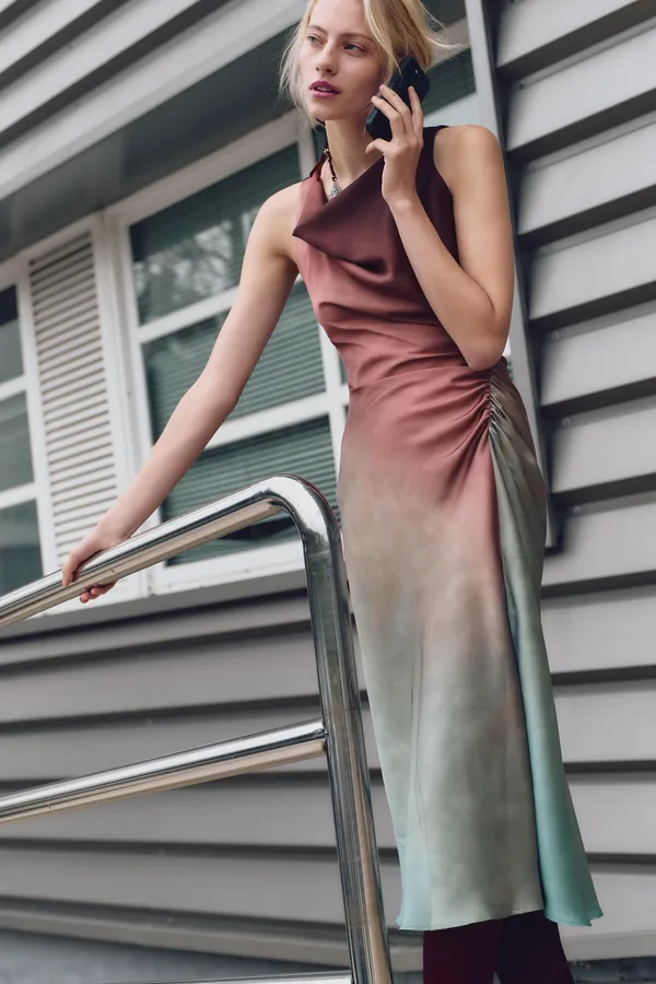 Zara dress midi satin tie dye fitted bodycon casual evening wedding cowl neck - Image 11