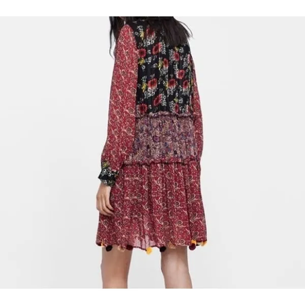 Zara Floral Patchwork Tiered Pompom Semi Sheer Peasant Mini Dress M Black Red - Image 5