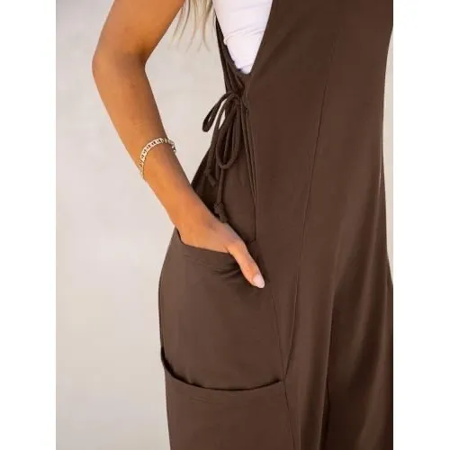 Anrabess Brown Sleeveless Cargo Pocket Jumpsuit XL Cross Back Jogger Hem Romper - Image 3