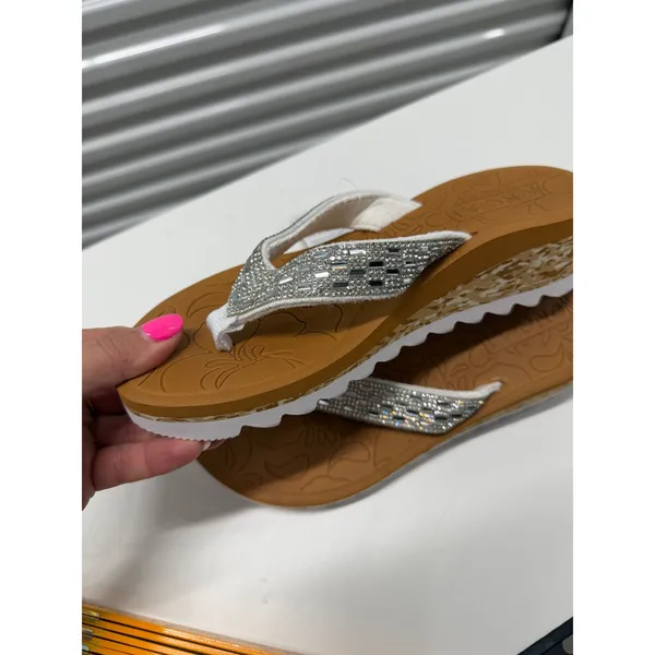 ONCAI Womens Rhinestone Platform Flip Flops White Crystal Wedge Sandals size 6 - Image 7