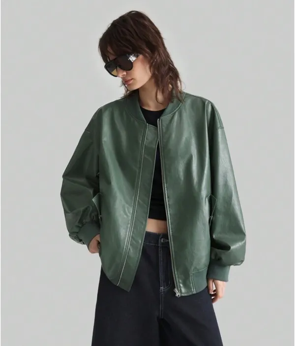 Green leather bomber jacket Size M - Image 3