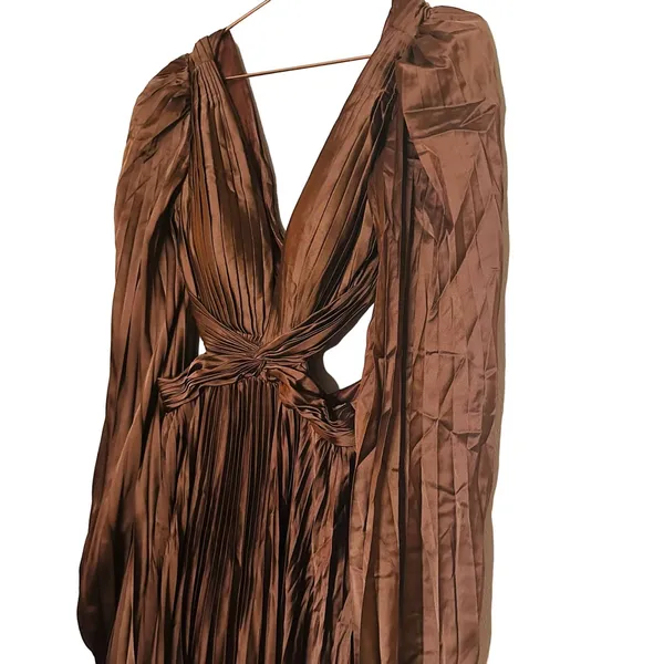 Ieena for Mac Duggal Brown Long Sleeve Pleated Full Skirt Cut Out Sides Gown 6 - Image 6