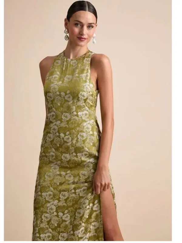 Lulus Lamila Chartreuse Floral Satin Column Maxi Dress Size Large - Image 2