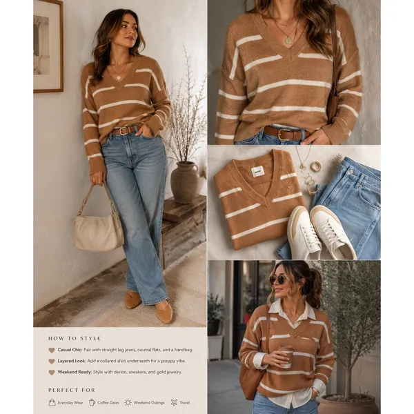 Aerie Striped V-Neck Sweater Brown White Oversized Knit XS - Image 2