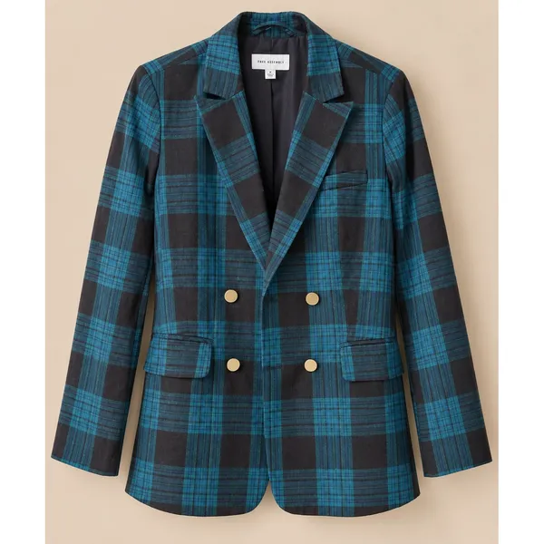 Free Assembly Womens Blazer S Teal Black Plaid Double Breasted Gold Buttons - Image 2