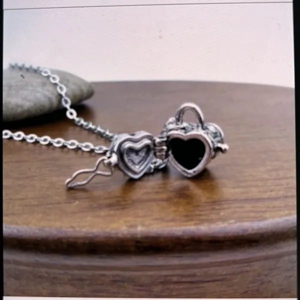 Heart message Box Locket Pendant silver tone chain necklace - Image 2